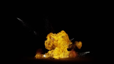 Große-Feuerexplosion,-Bodenfunken-–-60-Fps-–-Vom-Unteren-Bildschirmrand,-Schwarzer-Hintergrund,-Transparente-Überlagerung-Mit-Alpha-Matte,-Video-Mit-Großem-Explosionseffekt,-Entzündete-Trümmer,-Die-Zur-Zündstelle-Fallen