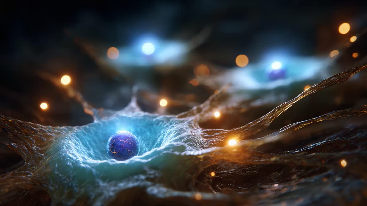 Un viaggio cosmico attraverso reti eteree: un'esplorazione visiva di sfere luminose all'interno di intricate reti di luce e colore in un universo al di là dell'immaginazione