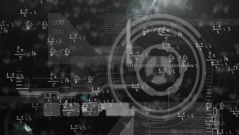 animación del reactor de arco, patrón abstracto y destello de la lente sobre ecuaciones matemáticas.