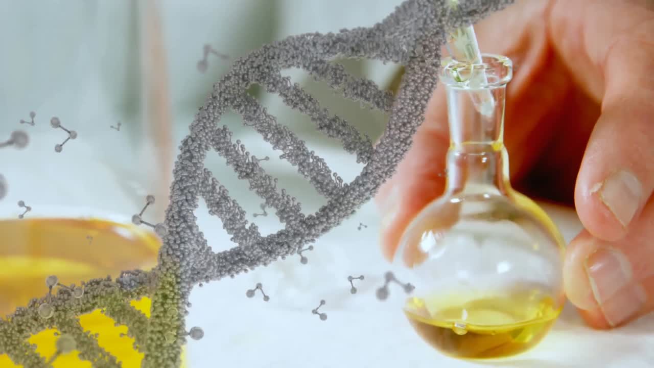 실험실에서 일하는 과학자에 대해 dna 구조가 회전합니다.