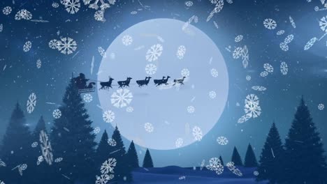 Animation-of-black-silhouette-of-santa-claus-in-sleigh-being-pulled-by-reindeer-with-full-moon-and-s