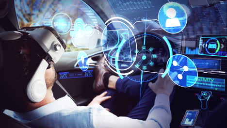 animación de iconos digitales sobre un hombre de negocios que usa auriculares vr en un coche autónomo