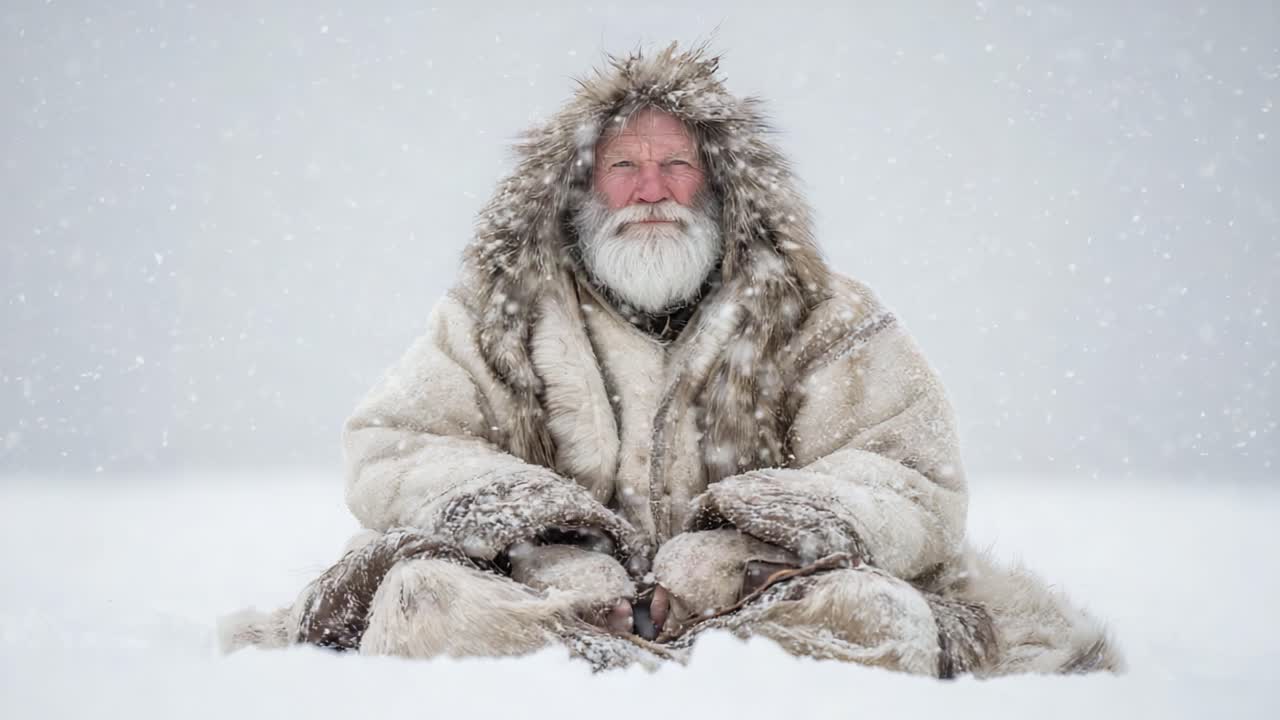 A Serene Elder in Traditional Fur Garments Meditates Amidst a Snowy Landscape, Embracing the Tranquility of Nature in a Winter Wonderland