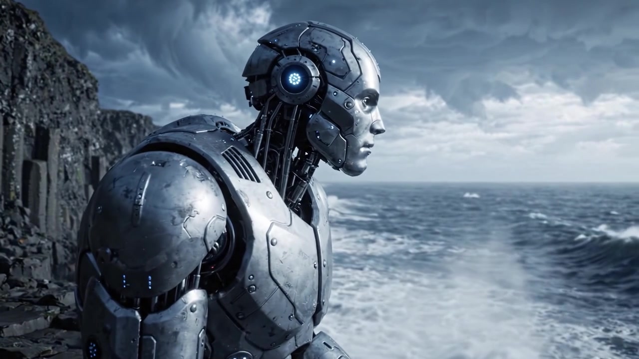 Un robot futuristico contempla l'esistenza su una costa rocciosa sotto un cielo tempestoso, catturando l'essenza dell'isolamento e della tecnologia avanzata in un ambiente naturale.
