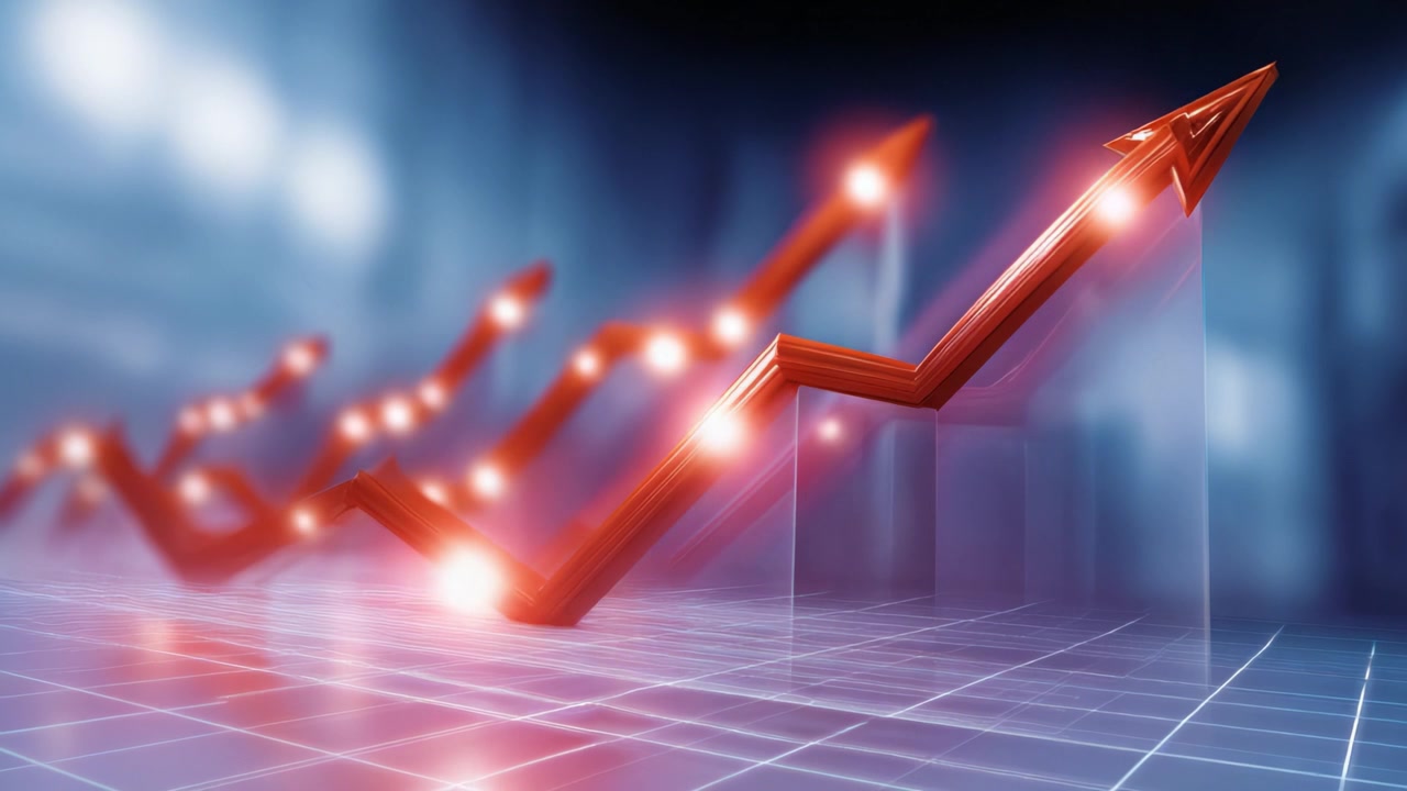 Dynamic Financial Growth Visualization with Upward Trends Represented by Illuminated Arrow Graphs on a Futuristic Background
