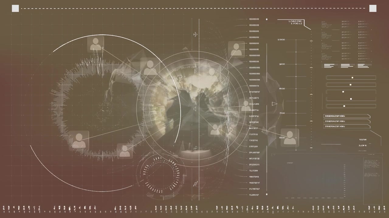 Animation of digital globe rotating with profile icons over infographic interface screen