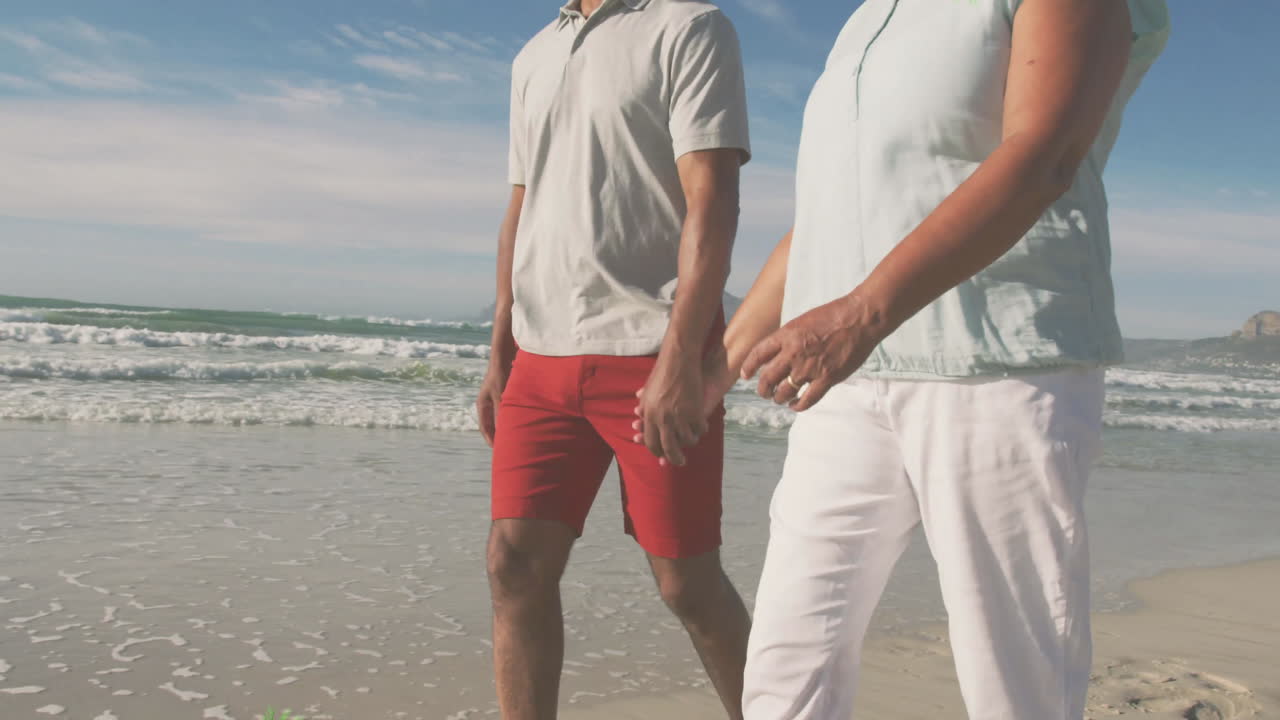 Walking along sandy beach, couple enjoying ocean waves in background animation