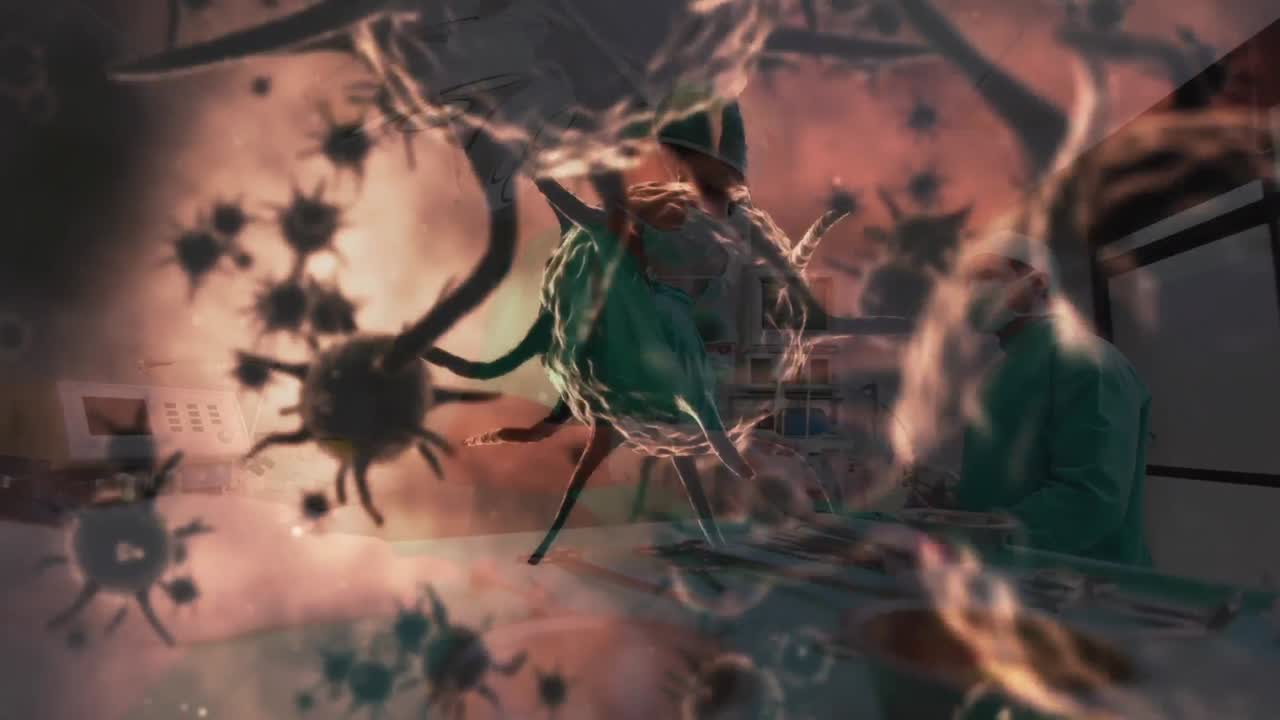 animación de células de covid-19 flotando sobre los cirujanos con máscaras faciales