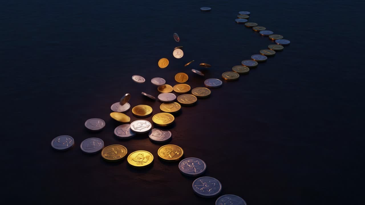 A mesmerizing sequence of coins glistening against a dark backdrop, showcasing a captivating visual of wealth as coins tumble and settle into an organized path