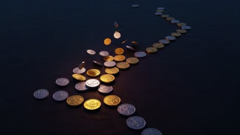 a mesmerizing sequence of coins glistening against a dark backdrop, showcasing a captivating visual of wealth as coins tumble and settle into an organized path