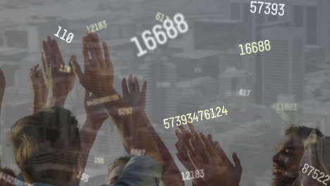 animation of changing numbers over city against diverse friends giving high-fives in background