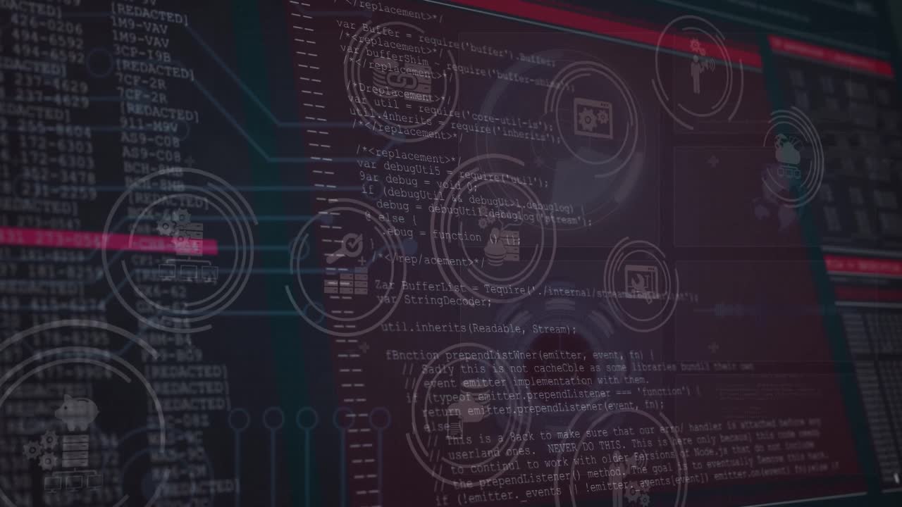 Animation of icons over data processing on black background