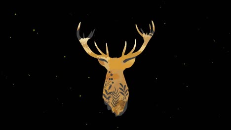 Animation-of-stag-head-shape-with-plants-and-leaves-over-white-stars-moving-on-black-background