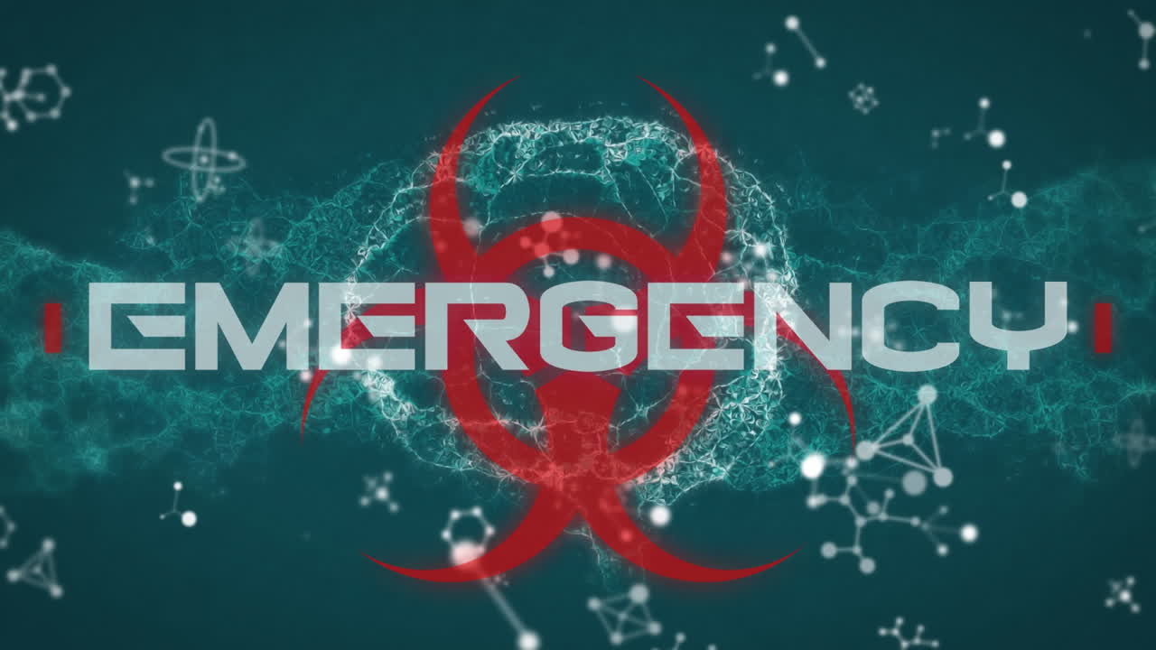 анимация текста о ковиде-19 над знаком биологической опасности и вращением человеческого мозга