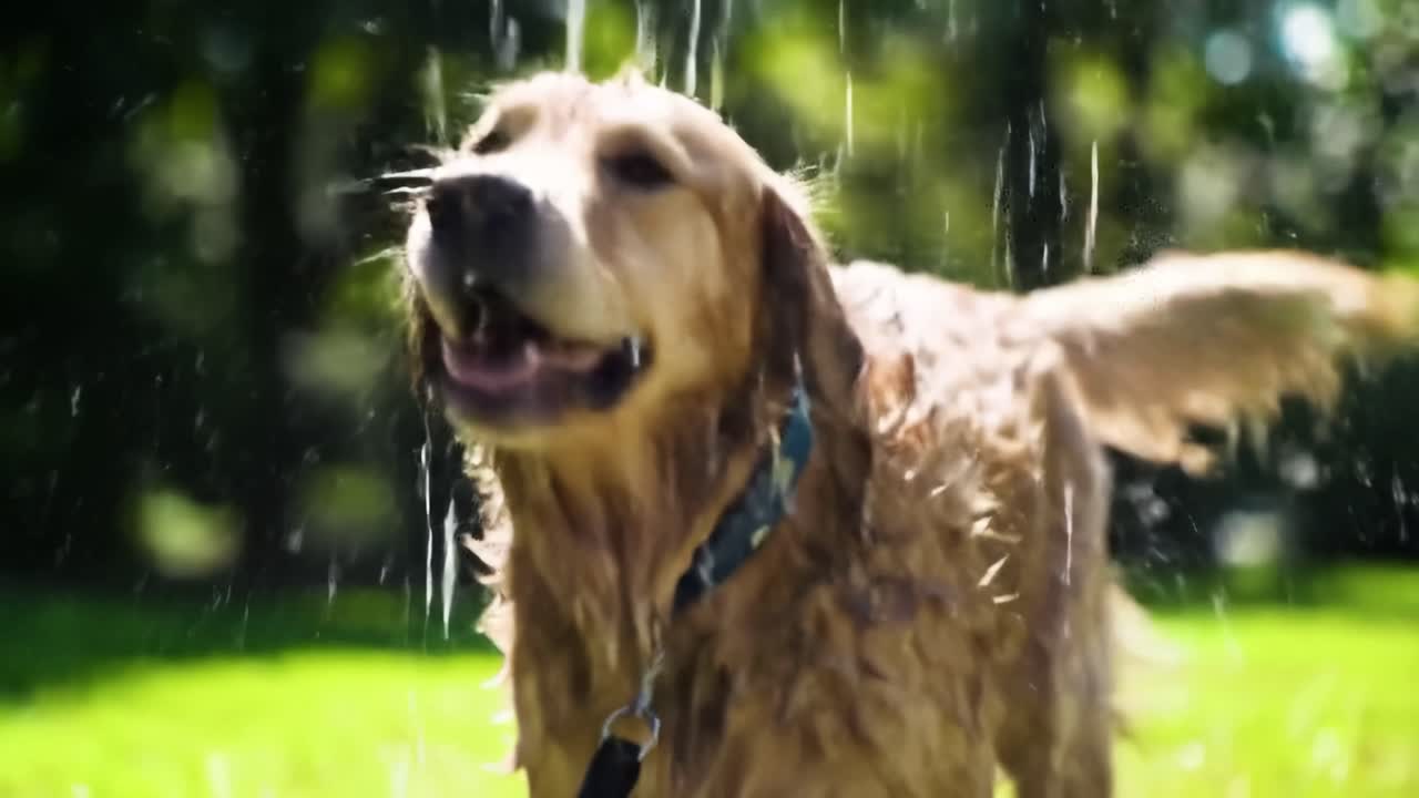 Joyful golden retriever plays in the sprinklers on a sunny afternoon in a vibrant backyard