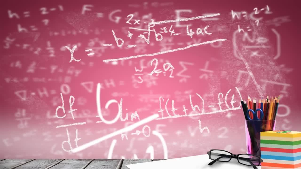 수학적 방정식에 대한 나무 표면에 있는 학교 고정 장비의 디지털 구성