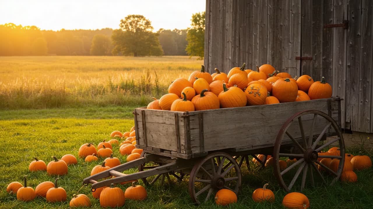 A Rustic Scene of Abundant Pumpkins in a Wooden Cart Under the Golden Glow of Sunset: Capturing the Essence of Autumn Harvest and Rural Charm