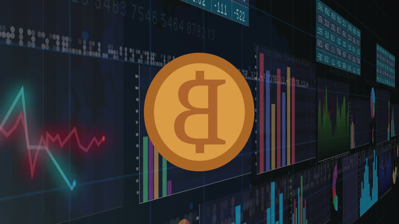 animación de bitcoin sobre diagramas y mercado de valores en fondo negro