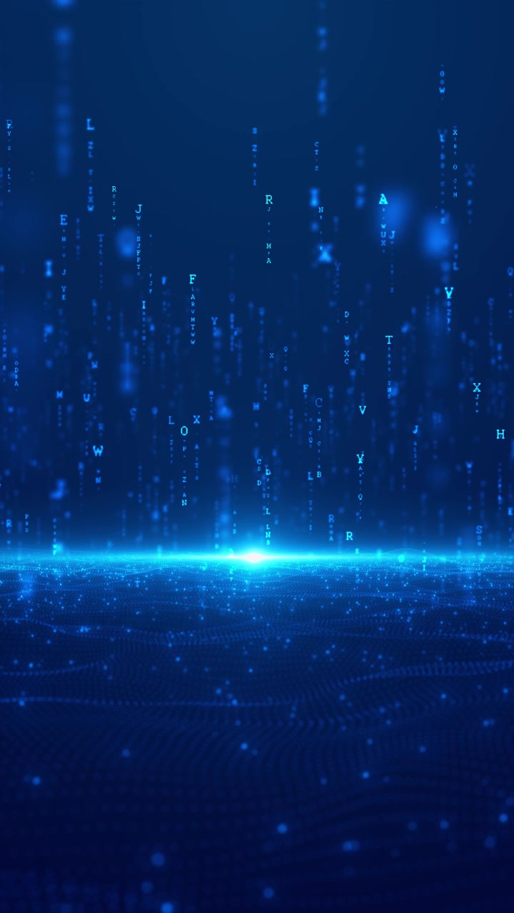 Blue digital letter rain background with glowing alphabet streams ...
