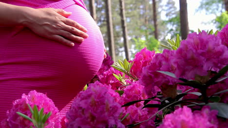 Pregnant-woman-in-dress-holds-hands-on-belly-on-natural-background-of-rhododendron-at-summer-day