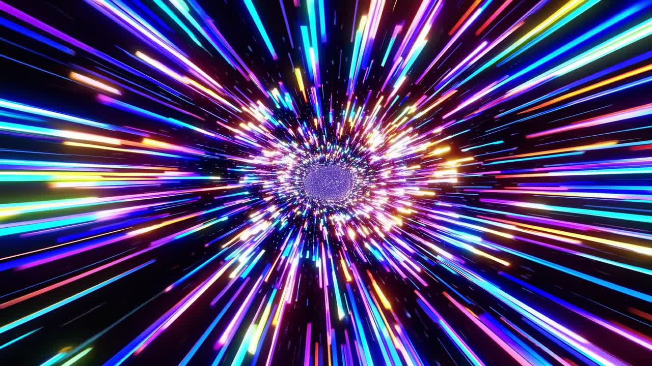Vibrant explosion of colorful light beams radiating outward in a dynamic motion sequence, creating a mesmerizing visual effect of energy and movement
