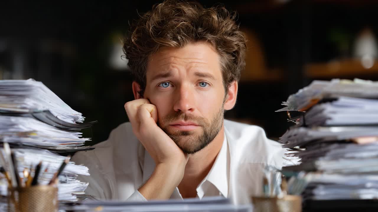 A Young Man's Frustration and Overwhelm Captured in Two Frames: The Burden of Paperwork and the Strain of Daily Responsibilities