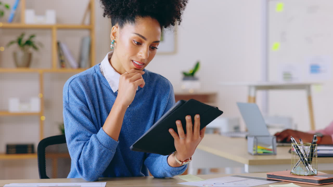 Digital tablet, thinking and businesswoman