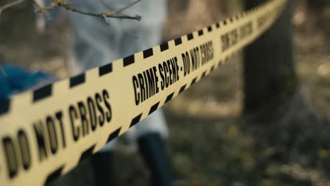 crime scene do not cross yellow tape hanging between trees, photographer in background