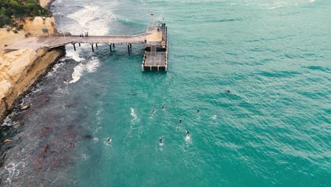 drone footage captures swimmers training near a jetty in port campbell, australia. clear turquoise waters and coastal cliffs create a serene setting