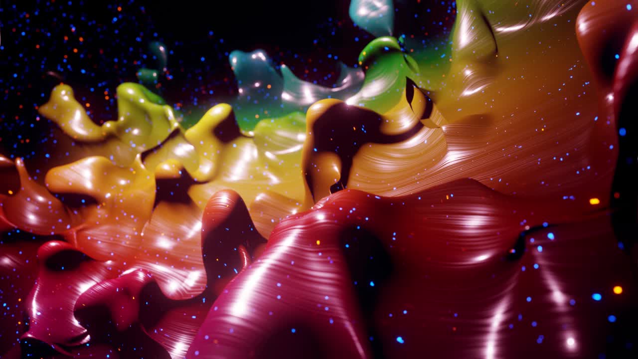 4k에서 액체 그라디언트 무지개 색의 부드러운 추상 애니메이션, 추상적인 루프 축제 배경으로 밝은 반이는 페인트 표면, 물방울처럼 표면에 3d 스플래시와 함께 점성 액체에 반이는.