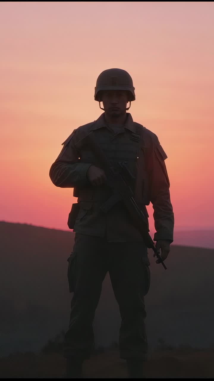 Vertical video: Stepping uniformed soldier holding rifle on ridge sunset cam zooming showing helmet