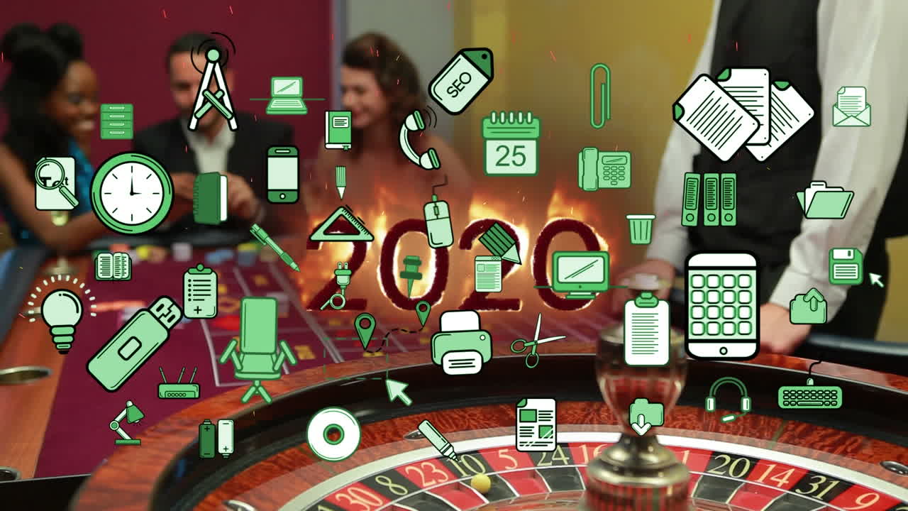 animación de iconos de negocios y texto de 2020 sobre personas caucásicas en el casino.