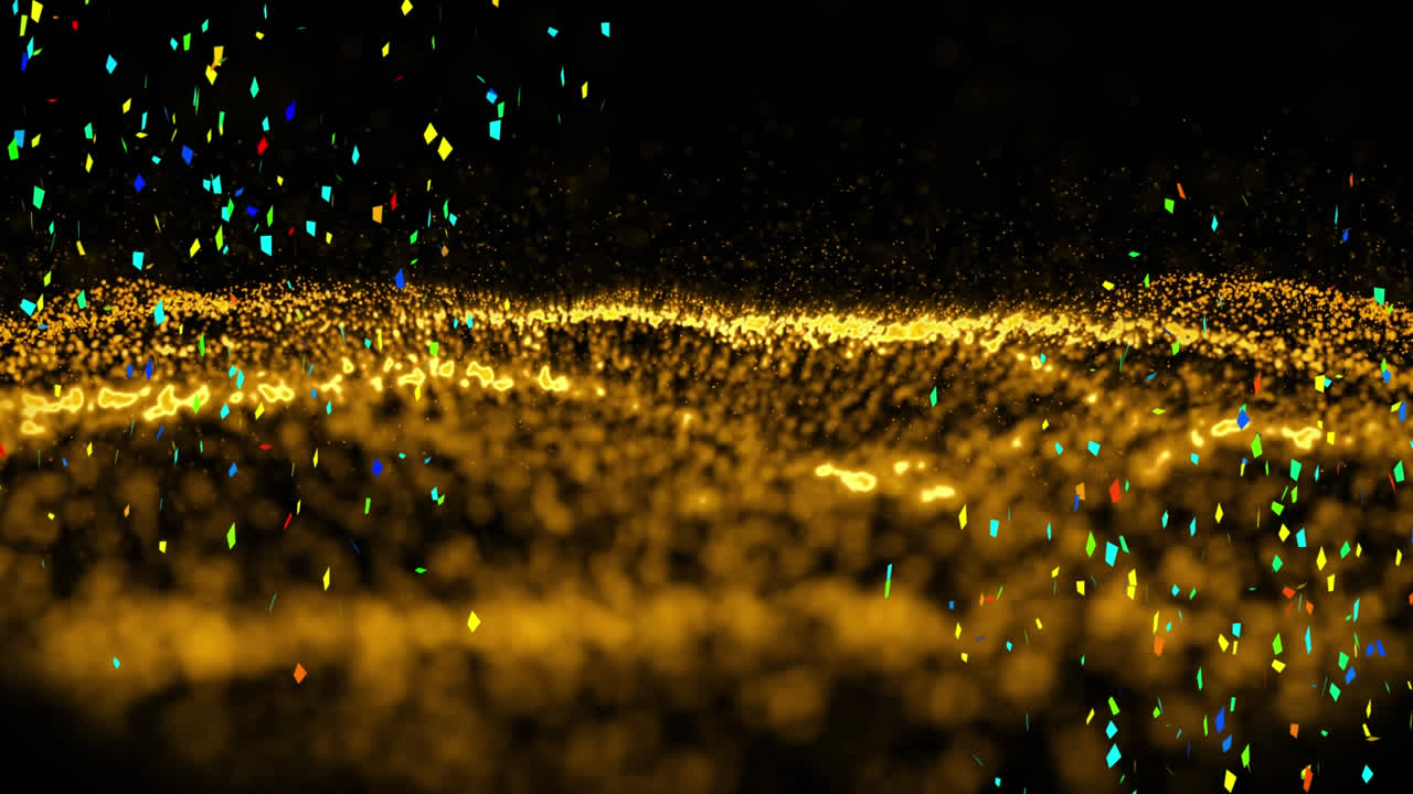 검은색 배경에 물결 모양의 황금 곡성 풍경 위에 떨어지는 다채로운 콘페티의 애니메이션