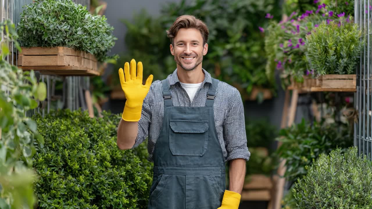 A Friendly Gardener in a Vibrant Greenhouse, Showcasing the Joy of Plant Care and Gardening with a Welcoming Wave and Bright Yellow Gloves