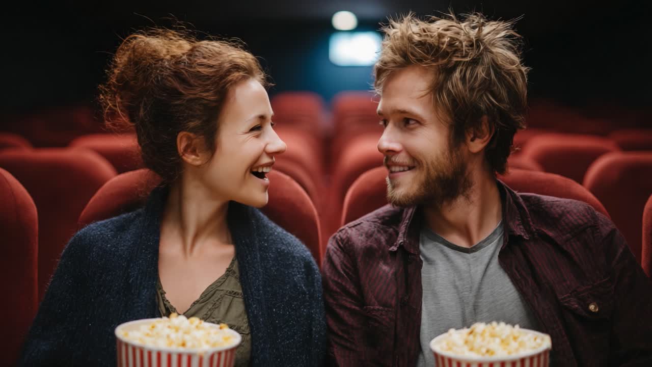 A Joyful Cinematic Experience: Capturing the Delightful Connection Between Two Moviegoers Sharing Popcorn in a Cozy Theater Environment