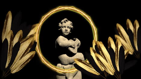 animación de la escultura gris de cupido sobre formas y hojas