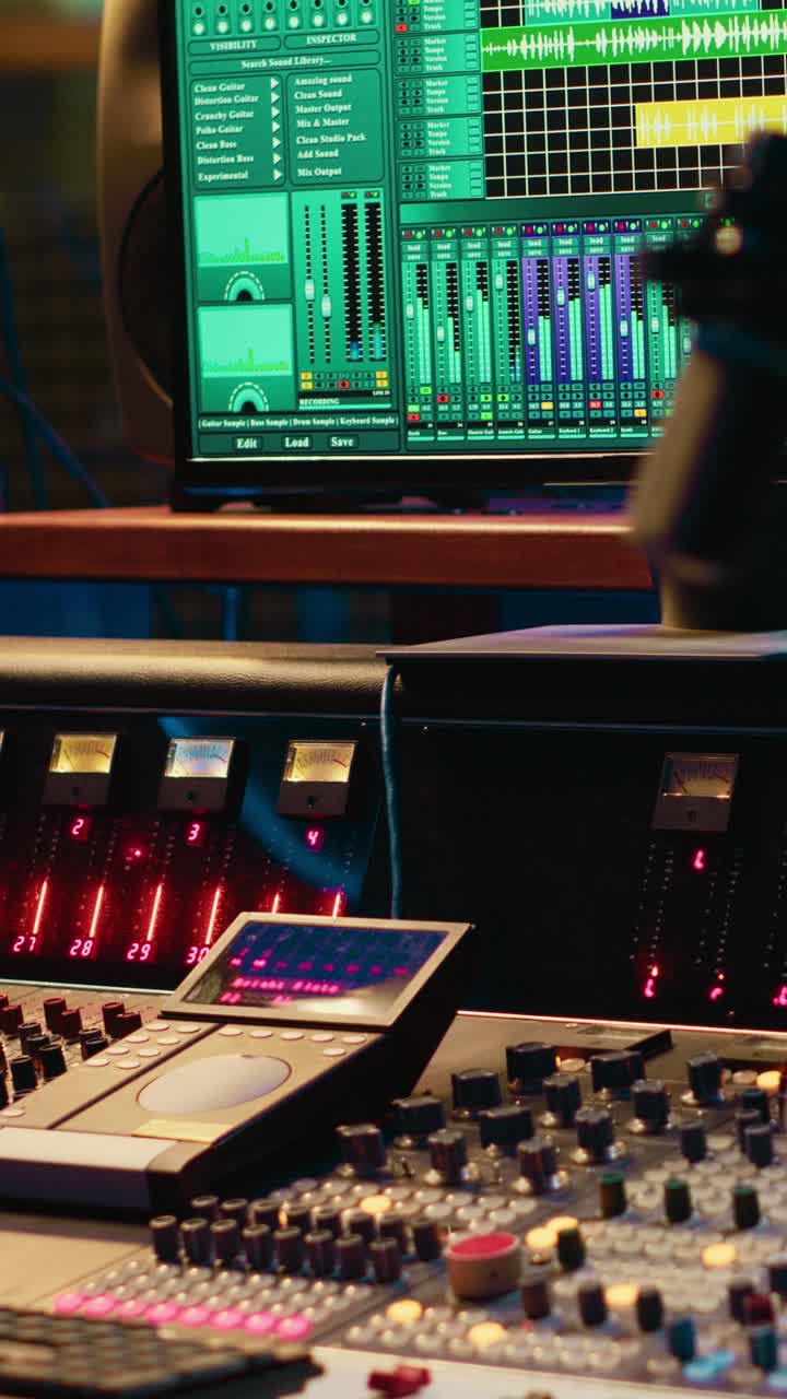 Close-up of Audio Mixer and Computer Screen in Recording Studio