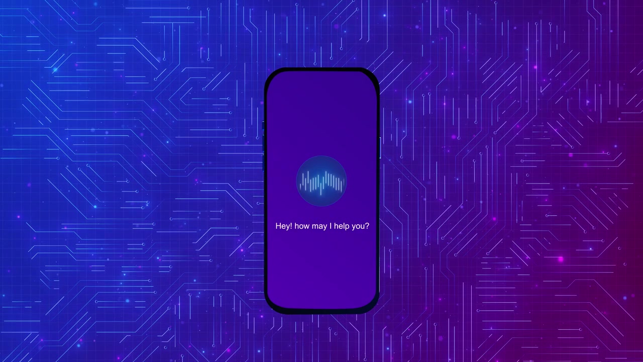 Visual di interfaccia per assistente mobile viola, con onda vocale, sfondo a circuito luminoso e assistenza digitale.