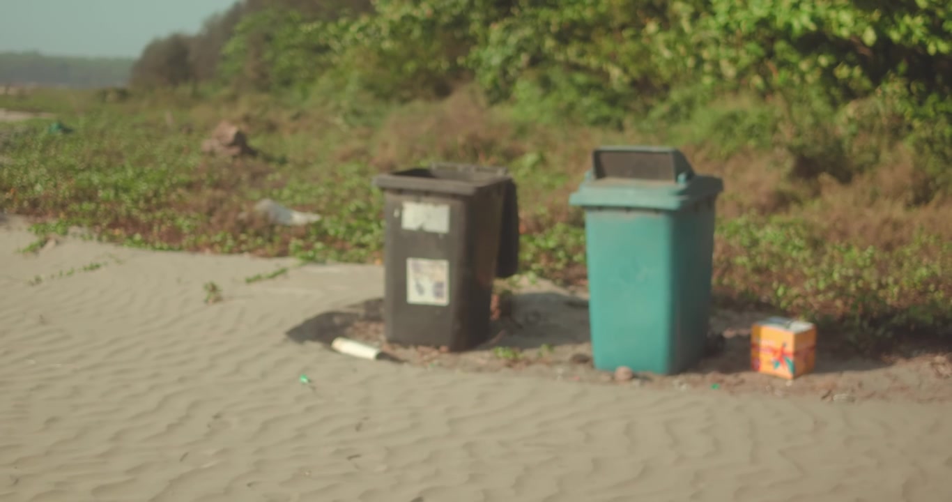 Des poubelles sont placées sur une plage de sable près de la végétation côtière. Scène environnementale soulignant la gestion des déchets, la durabilité, le recyclage et la sensibilisation à la propreté des plages.