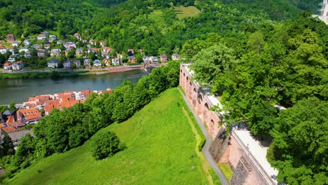 4k aerial drone video of gardens surrounding the historic castle on königstuhl hill overlooking heidelberg, germany along the neckar river
