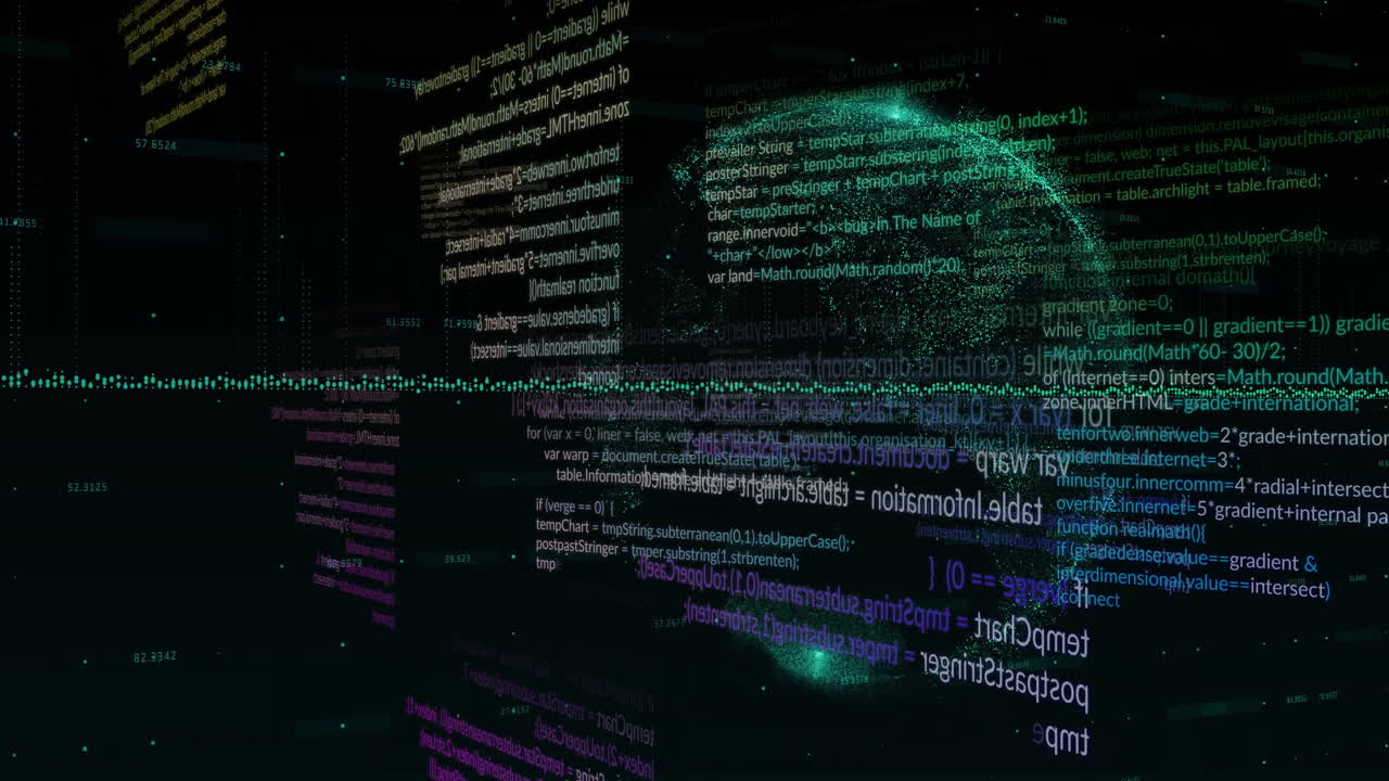 Animation of data processing and diagrams over globe on black background