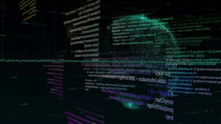 Animation of data processing and diagrams over globe on black background