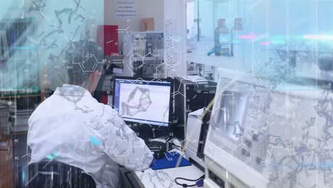 Animation-of-chemical-formulas-and-shapes-over-caucasian-male-scientist-working-on-computer