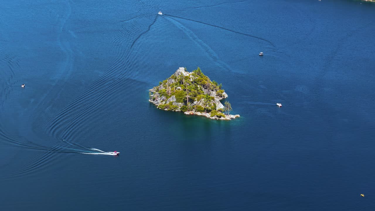 Drone Shot of Fannette Island, Emerald Bay of Lake Tahoe, California USA