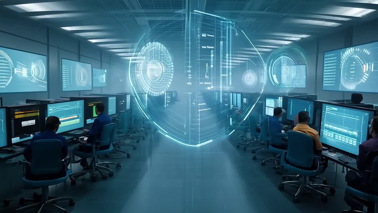 People working in a technology control room, monitoring screens with data and graphs