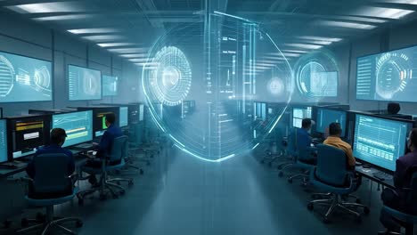 people working in a technology control room, monitoring screens with data and graphs