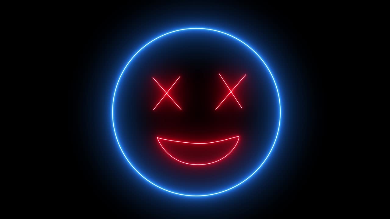Neon emoji face, smiling sign. Web character with neon, glowing light. Isolated smiley face.