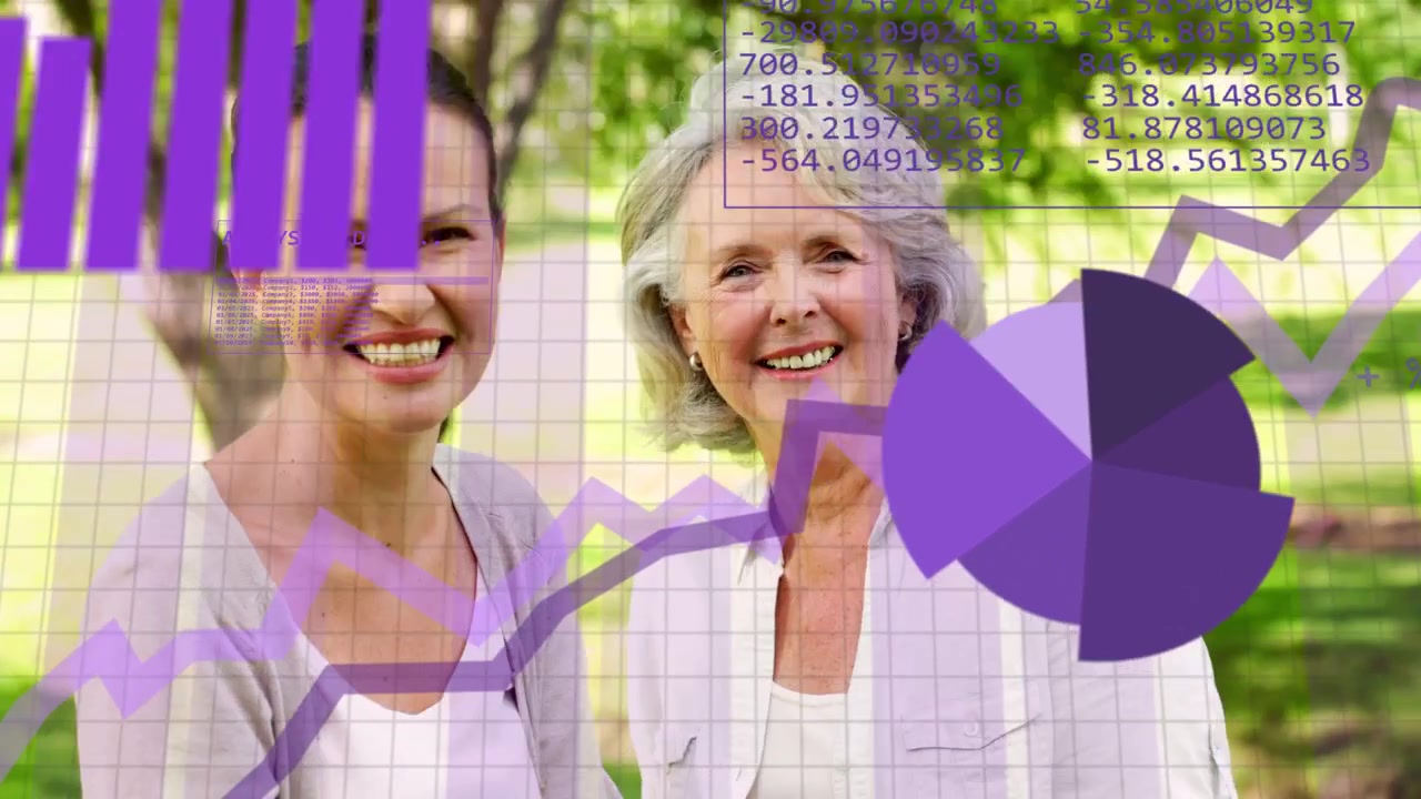Mother, daughter laughing in park, sparking data line and bar charts growing over them, bonding