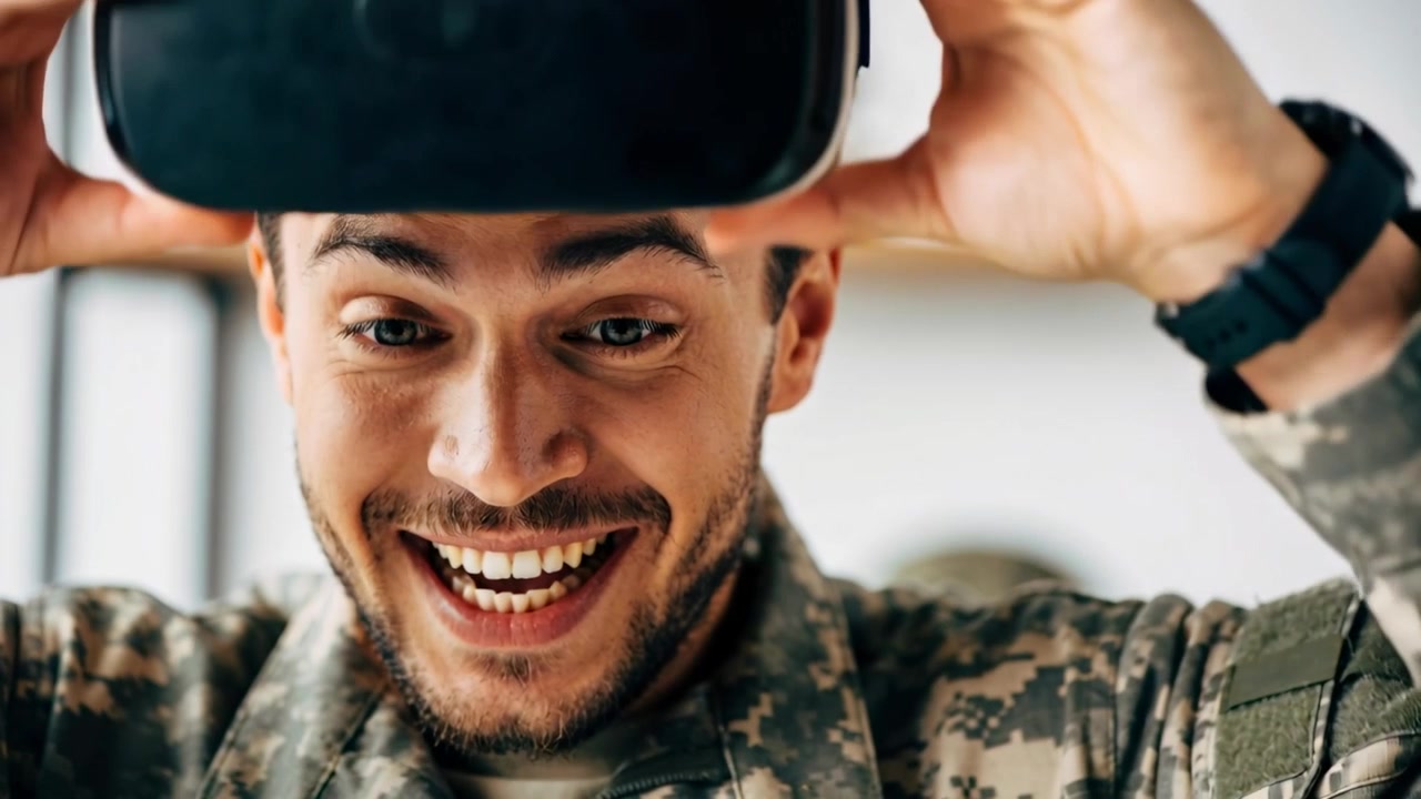 Uomo in mimetica che tiene un visore VR sopra la fronte e regola la visiera a casa per allenamento