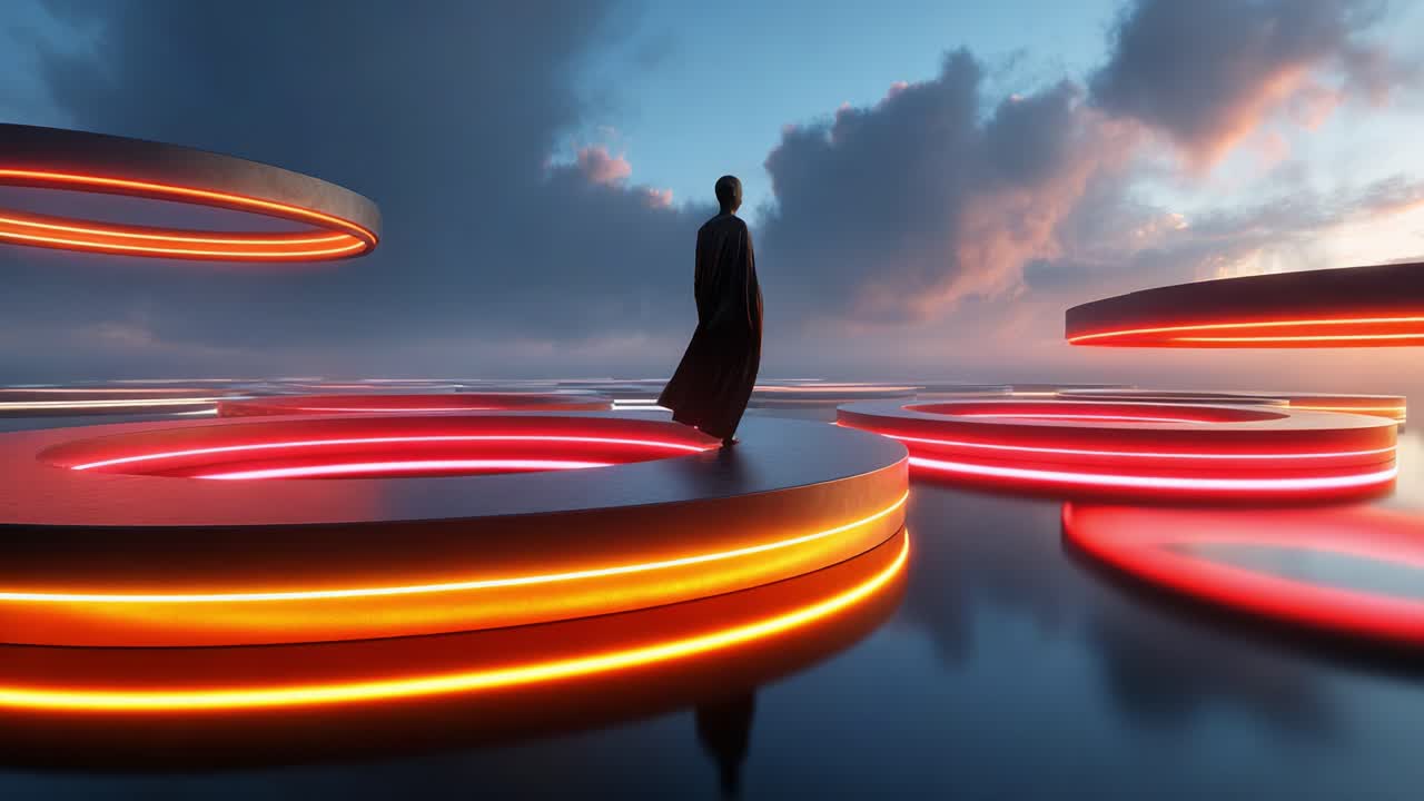 A solitary figure stands on glowing, circular platforms against a dramatic sky filled with vibrant clouds, evoking a sense of mystery and exploration in a surreal landscape of illuminated geometry